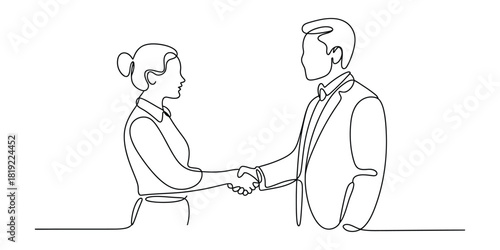 Continuous line drawing of business people shaking hands agreement