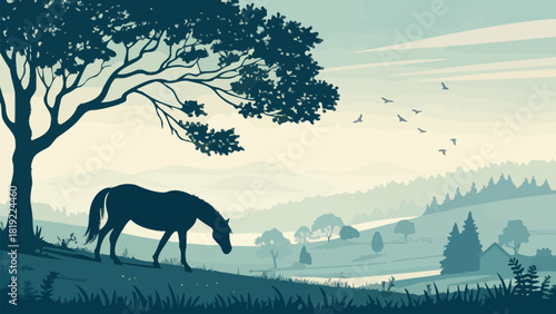 Peaceful horse grazing beneath a sprawling tree in a serene landscape, evoking calmness and natural beauty, perfect for inspiring tranquility and reflection