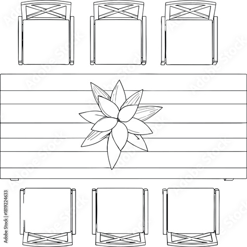 Top view dining table with six chairs, floral centerpiece decoration, interior furniture layout illustration, home design planning graphic