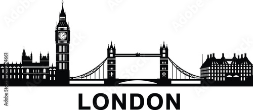 London city skyline silhouette featuring Big Ben, Tower Bridge, historic architecture, urban landmark design, black illustration isolated on clean white background