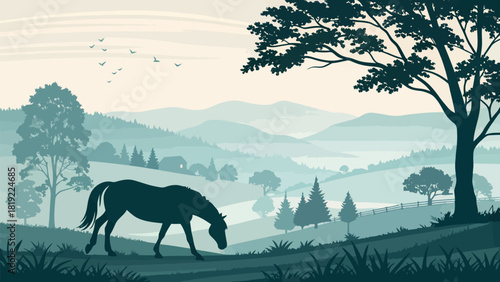 Tranquil countryside scene with horse silhouette in open field, peaceful nature scene evokes serenity and rural charm, originally created as a vector graphic