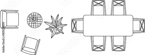 Top view furniture layout illustration, dining table and chairs, lounge seating, indoor interior design plan for architectural planning visuals
