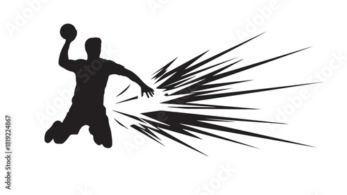 Dynamic handball player silhouette throwing ball with explosive speed and power, perfect for sports marketing, athletic branding, or vibrant action designs that grab attention