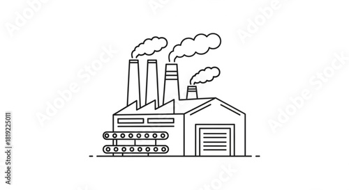 Industrial factory building line art with smokestacks emitting smoke, symbolizing manufacturing, production, and environmental impact.