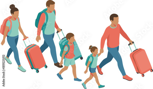 Isometric illustration of traveling family walking with luggage, parents and children on vacation trip, holiday journey concept, modern travel scene