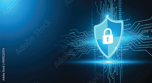 Digital Security Shield with Padlock Protecting Computer Network System Cyber Security and Data Privacy with Circuit Board and Binary Code in Blue Tones for Online Safety