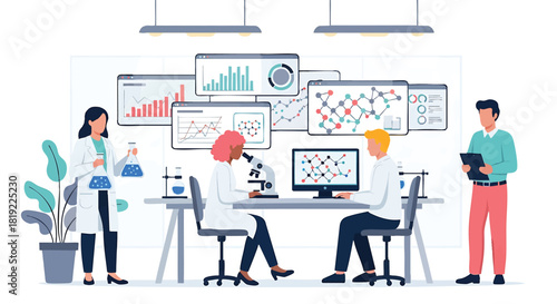 Diverse team of scientists collaborating in a modern laboratory setting conducting research and analyzing data with advanced equipment and technology for scientific discovery