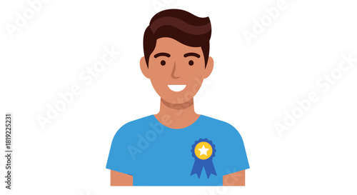Smiling young man with a blue award ribbon badge isolated on