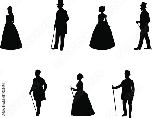 Victorian era couple silhouettes, elegant man and woman in formal clothing with cane, vintage historical fashion illustration set