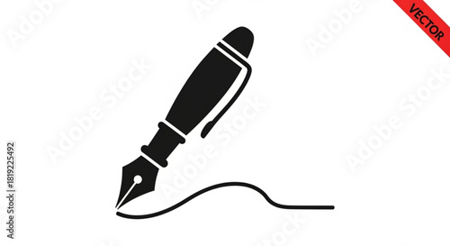 Classic fountain pen icon drawing an elegant wavy line, symbolizing writing, education, creativity, and communication in digital form.