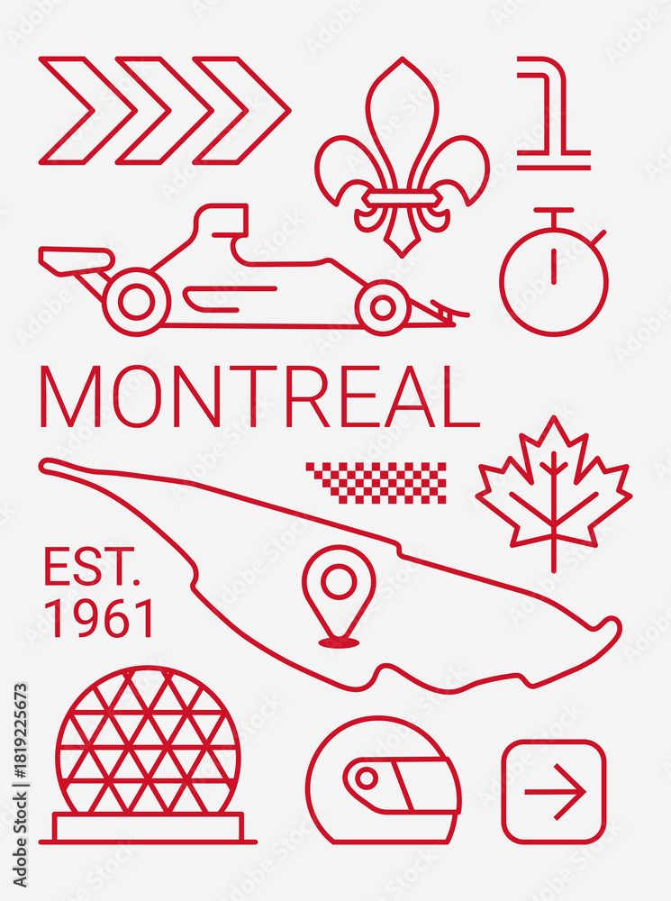 Naklejka premium PrintSet of auto racing design elements Montreal, Canada. Linear style, vector illustration. Outline editable.