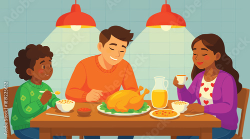 Family Thanksgiving Dinner Together at Home with Roasted Turkey and Festive Decorations enjoying each others company in a warm and inviting atmosphere