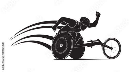 Visually Striking Silhouette of Determined Athlete in Wheelchair Race, Celebrating Victory with Raised Arm, Dynamic Movement for Sports and Ability Concepts