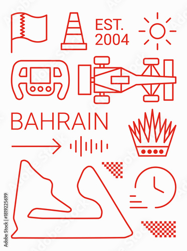 PrintSet of auto racing design elements Bahrain. Linear style, vector illustration. Outline editable.