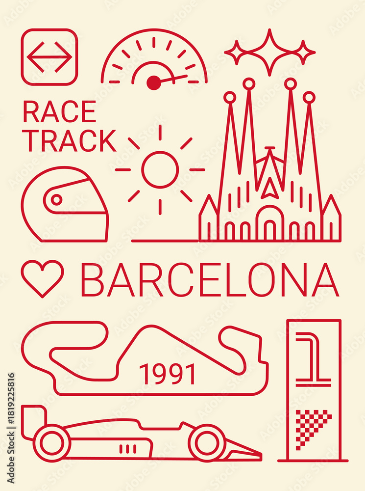Naklejka premium PrintSet of auto racing design elements Barcelona, Spain. Linear style, vector illustration. Outline editable.