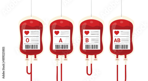 Illustration of Four Blood Bags Representing Different Blood Types and the Importance of Blood Donation for Healthcare and Medical Advances