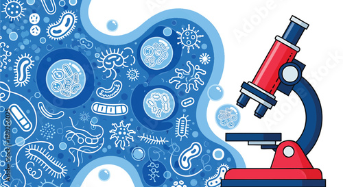 Illustration of Microscope Examining Microorganisms with Vector Design for Microbiology and Science Research Highlighting Scientific Discovery and Healthcare Innovation