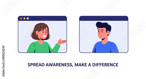 Two people in video conference call spreading awareness, isolated on