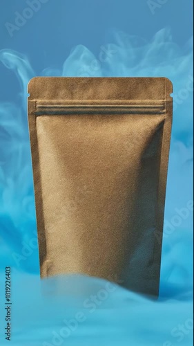 A blank brown paper pouch with a zip-lock closure surrounded by light blue smoke against a blue background