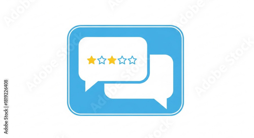 Customer review and feedback icon with three yellow stars in a chat bubble on a blue background. vector graphic for ratings and user experience.