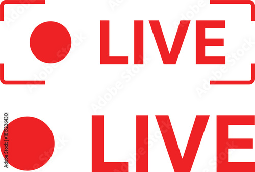Live Streaming Badge and On Air Status Vector Icon set. Live Stream and Recording Indicator Glyphs. Red Dot Record sign