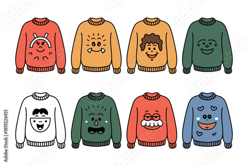 A collection of eight illustrated sweaters featuring various cartoonish faces and designs, presented against a white background.
