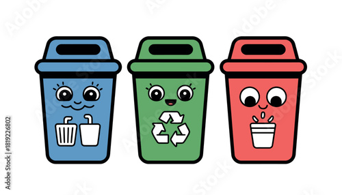 Three cartoon trash cans with faces, one for recycling, one for general waste, and one for liquid waste.
