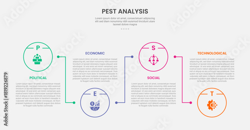 PEST analysis infographic outline style with circle line connection up and down 4 point template with for slide presentation