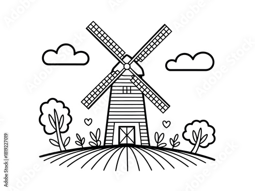 A charming cartoon illustration depicts a traditional windmill situated on a rolling hill under a sky with fluffy clouds and surrounding trees and bushes.