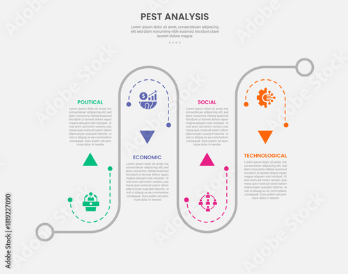 PEST analysis infographic outline style with roadway journey up and down on line direction 4 point template with for slide presentation