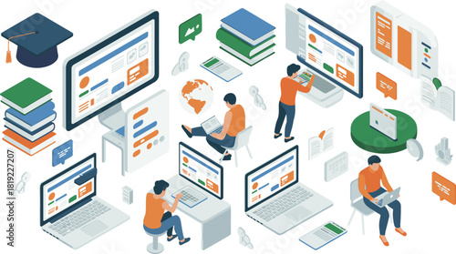 Isometric online education illustration with students learning on laptops, digital classroom tools, e-learning platforms, virtual study environment, modern education technology