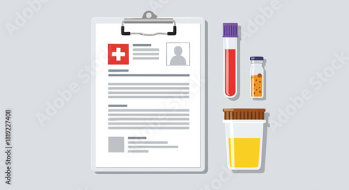 Medical Report with Blood Test Urinalysis and Sample Vial Illustrating Healthcare Analysis and Diagnostics Procedures for Patient Evaluation and Health Condition Assessment Examination
