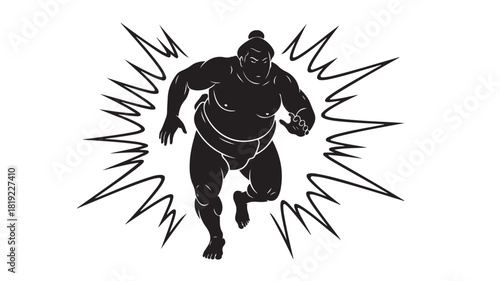Powerful sumo wrestler charging forward with dynamic energy, embodying strength and tradition, perfect for sports branding or cultural presentations, capturing the spirit of Japan