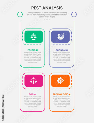 PEST analysis infographic outline style with vertical box structure with header badge 4 point template with for slide presentation