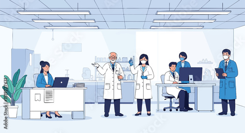 Medical Researchers and Scientists in a Modern Laboratory Setting Working on Healthcare Advancements and Scientific Discoveries with Colleagues and Advanced Equipment
