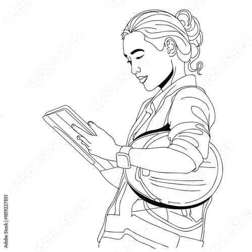 Working Woman Holding Digital Tablet and Checking Update, Hand drawn line style vector illustrations