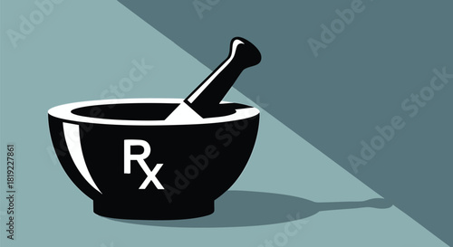 Mortar and Pestle Pharmacy Symbol Vector Illustration in Black and White Against a Gray Background Depicting Healthcare and Medicine