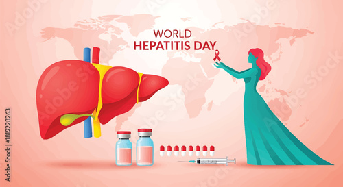 Raising Awareness for World Hepatitis Day with Liver Illustration and Medical Tools symbolizing prevention and treatment against a backdrop of global health concerns