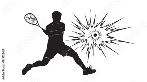 Dynamic squash player silhouette smashing the ball with power and precision, a modern graphic conveying energy, action, and the thrill of competitive sports, perfect for fitness brands