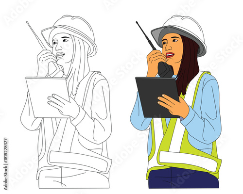 Female Worker Communicating on Walkie Talkie at Worksite, Hand drawn line style vector illustrations