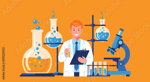 Scientist conducting experiment with lab equipment including beakers and microscope for research purposes against orange background showcasing scientific analysis