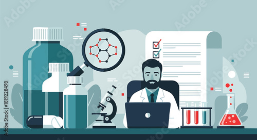 Scientist conducting medical research with laboratory equipment and analysis document showing a modern illustration of healthcare and medicine for scientific discovery advancements and solutions