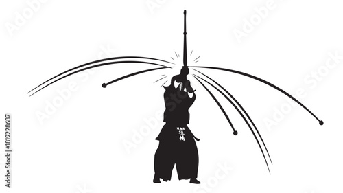Dynamic silhouette of a kendo fighter practicing his art with fierce determination, showcasing Japanese culture and martial arts spirit, perfect for historical or cultural projects