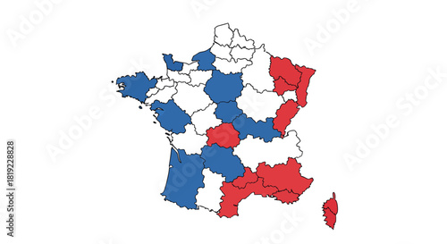 Infographic map of France highlighting regional divisions with distinct blue, red, and white color-coding, ideal for visual data representation, political analysis, and geographical studies