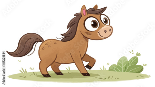 Adorable cartoon pony trotting playfully in a grassy field, exuding joy and innocence, perfect for children's books or educational materials, vector origin