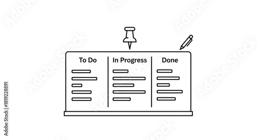 Workflow organization kanban board concept illustration detailing task stages: to do, in progress, done, featuring pin and pen
