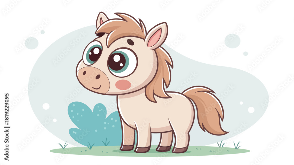 Fototapeta premium Adorable cartoon pony with big eyes standing in a field of grass, a heartwarming illustration for children's books and playful designs, originally vector