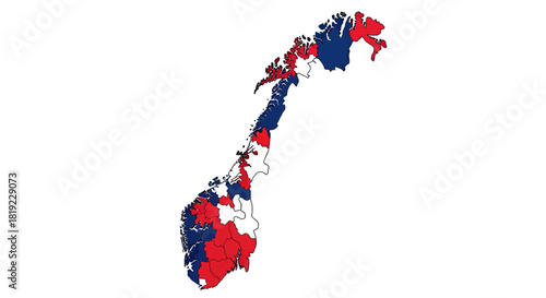 Map of Norway displaying regional political divisions in red and blue colors.