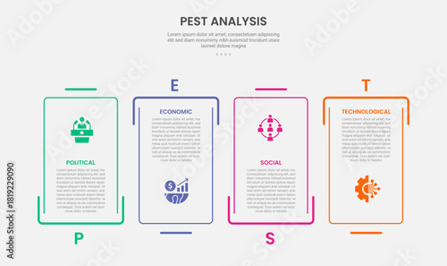 PEST analysis infographic outline style with creative rectangle box with separated line up and down 4 point template with for slide presentation