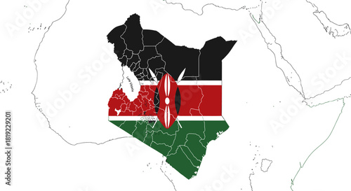 Map of Kenya with its national flag design, showing administrative divisions on a continental outline.